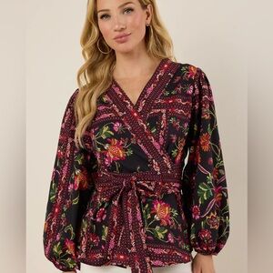 Avara NWT Black and Pink Floral Wrap Blouse Size Large
